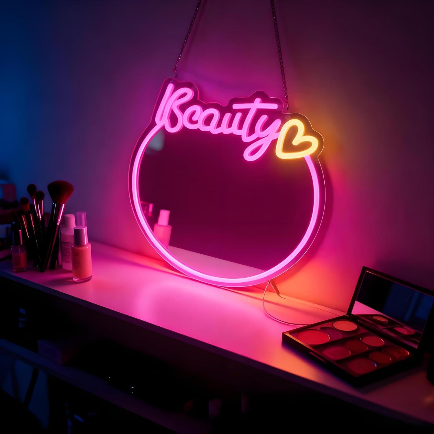 Beauty No Makeup - Neonowa tabliczka z motywem lustra kosmetycznego,